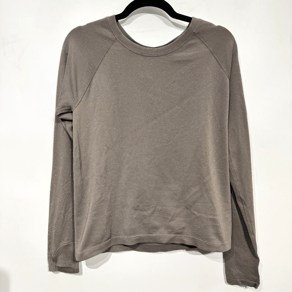 Athleta Yoga Nylon Shimmer Long Sleeve Top Sz M Dark Taupe Thumbholes 793449